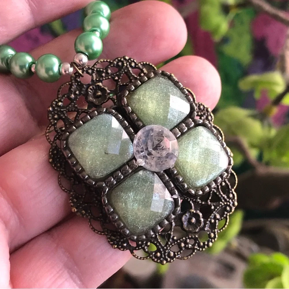 Handcrafted repurpose speckle green glass pendant Czech glass Pearl necklace